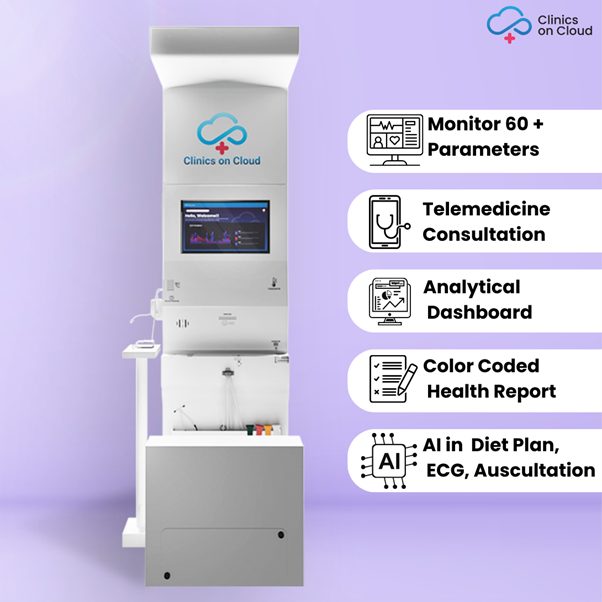 Clinics on Cloud Health ATM kiosk — monitors 60+ health parameters, telemedicine, ECG and AI diet planning